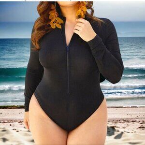 Fit 4 U NWT SZ16 Black Swimsuit Open Back Long Sleeve Beach Swim Resort Vacation